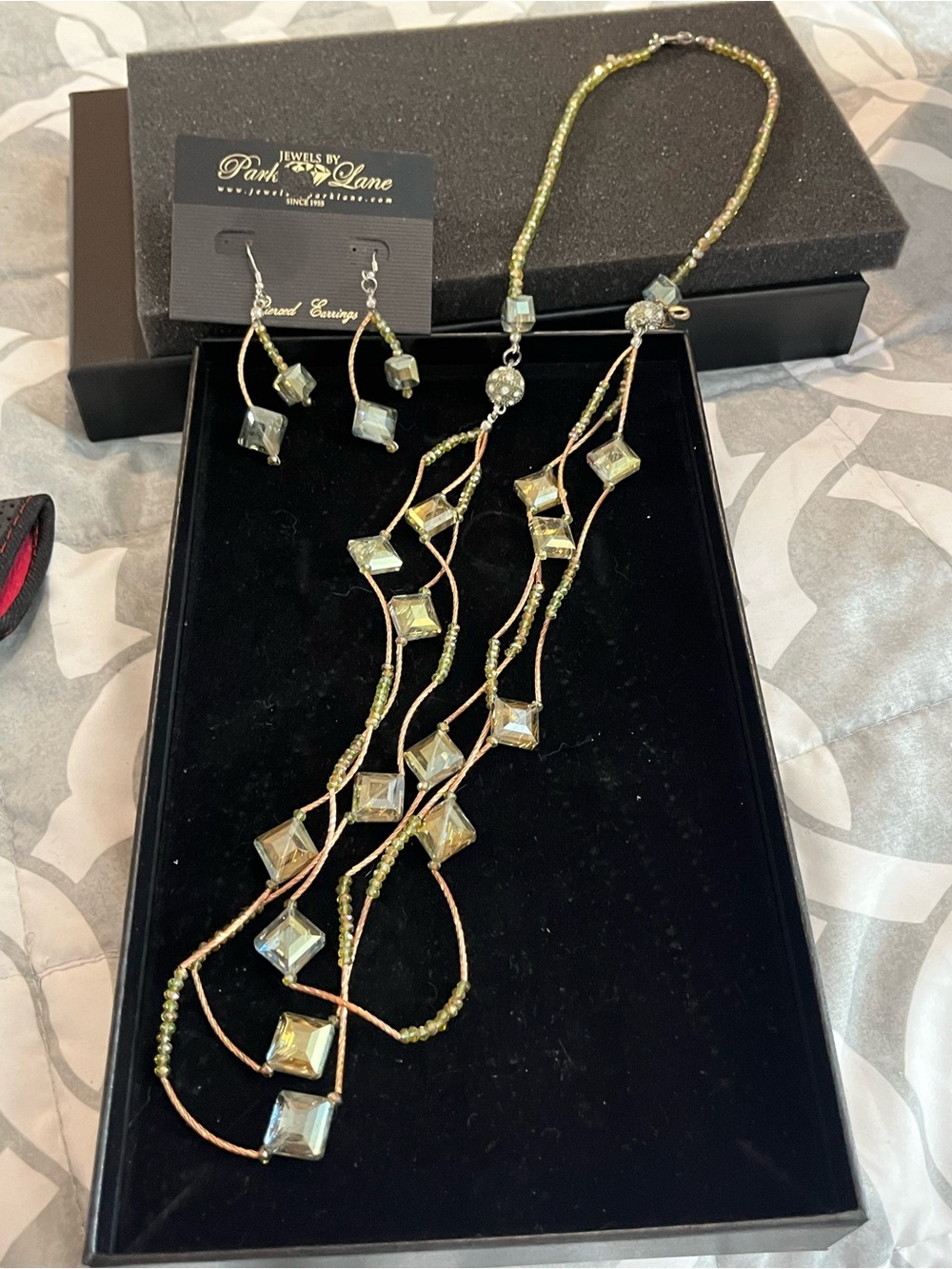 Park Lane Green Glass Cube Multi-Strand Necklace with Matching Earrings